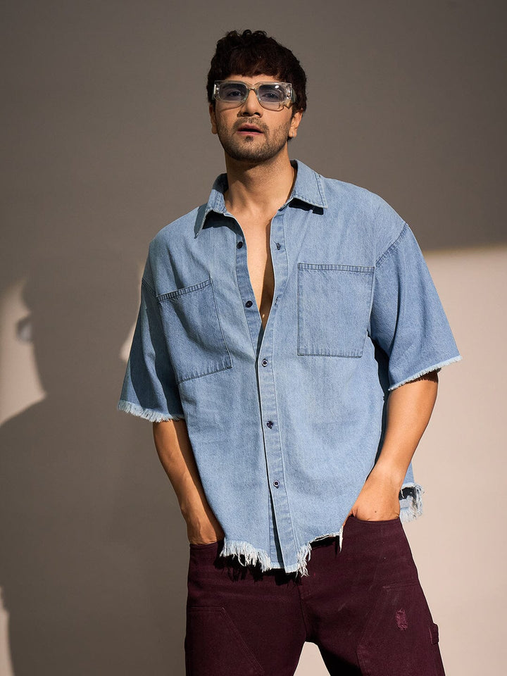 Ice Damaged Hem Short Sleeve Oversized Shirt