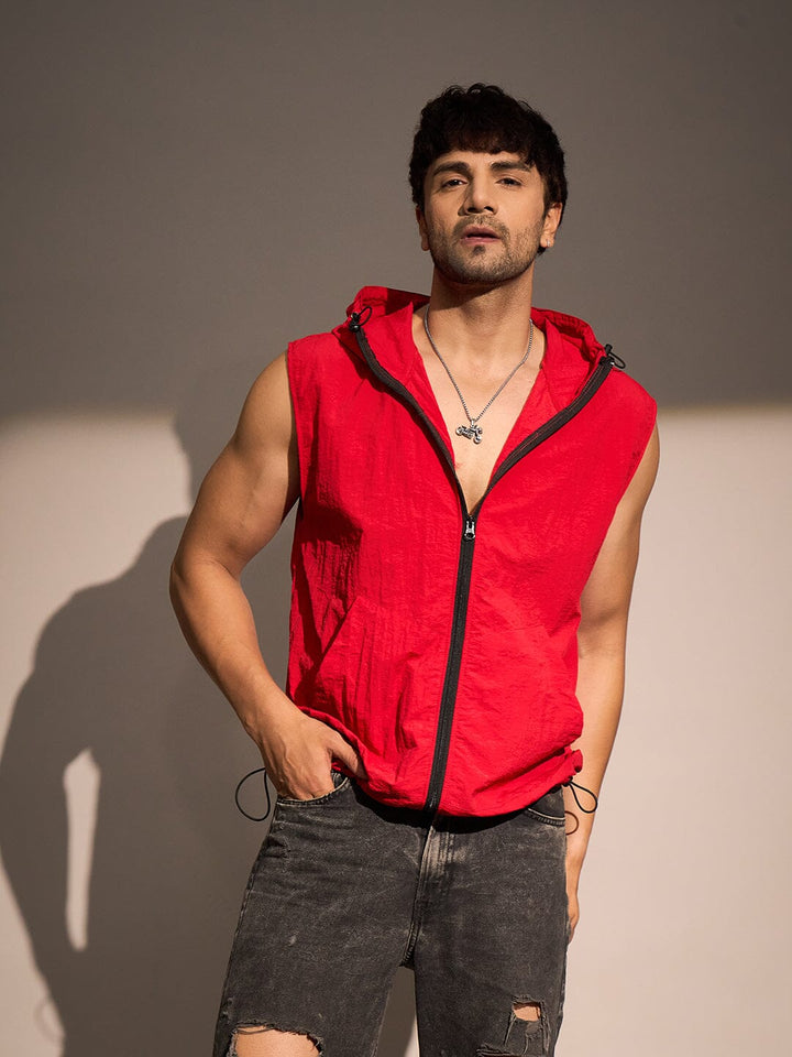 Red Crushed Nylon Sleeveless Windbreaker Jacket