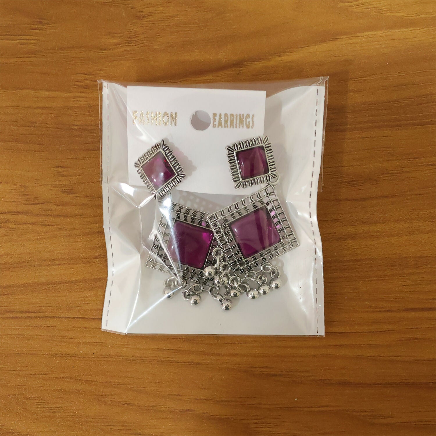Traditional Indian Oxidised Dangler Earrings with Square Red Monalisa Stones