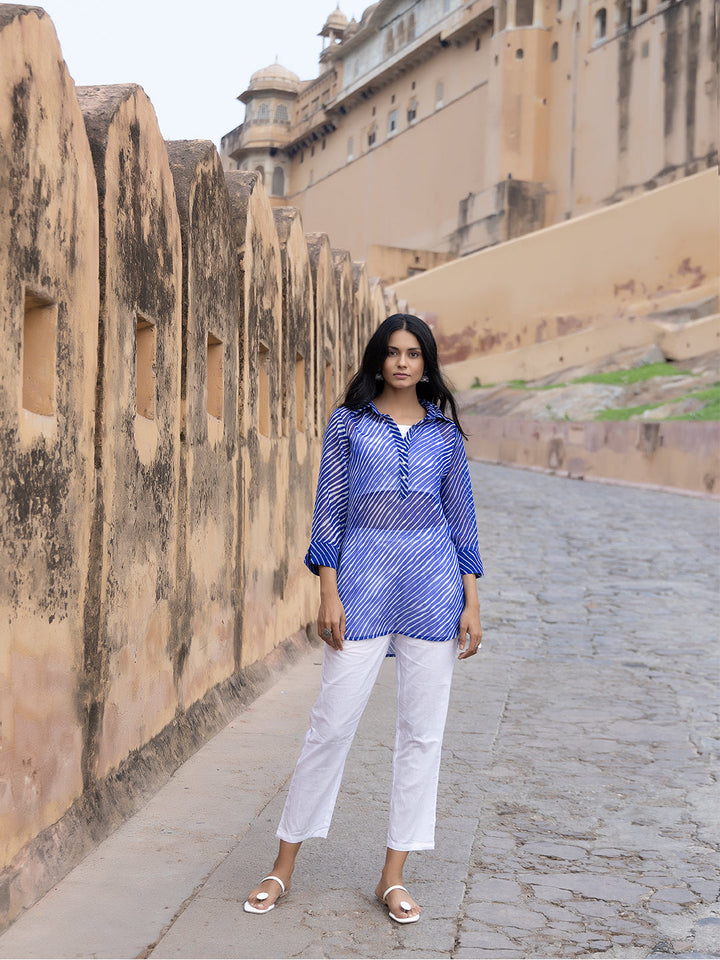 Monika Blue Leheriya Kurta Pants Set  - By Ragavi - qivii