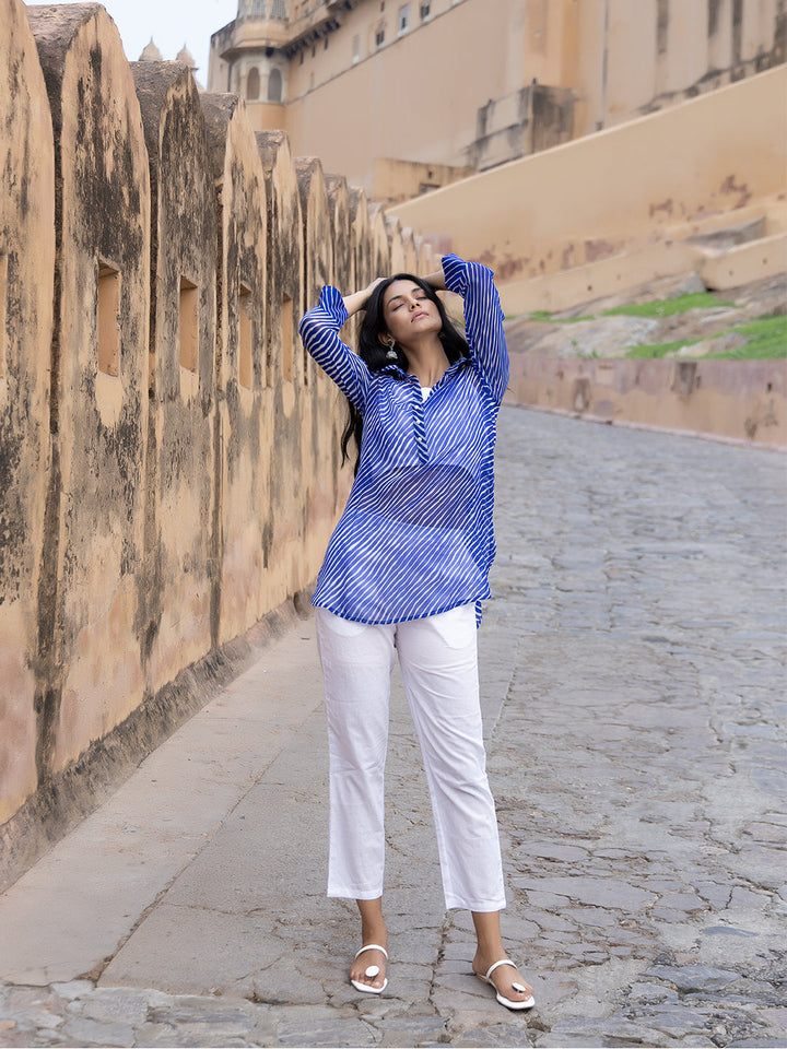 Monika Blue Leheriya Kurta Pants Set  - By Ragavi - qivii