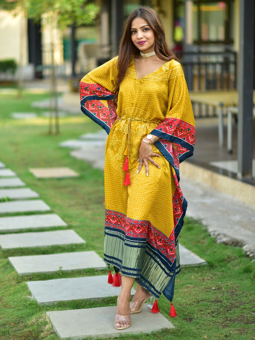 Mustard Color Digital Bandhej Print Pure Gaji Silk Kaftan - qivii