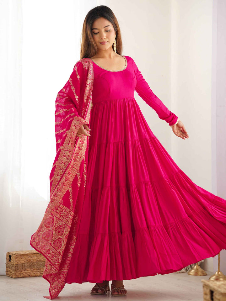 Graceful hot pink chanderi anarkali suit with banarsi silk dupatta