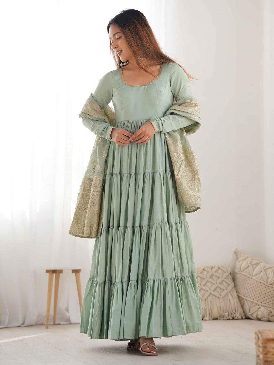 
Stunning pista green chanderi anarkali suit with banarasi silk dupatta