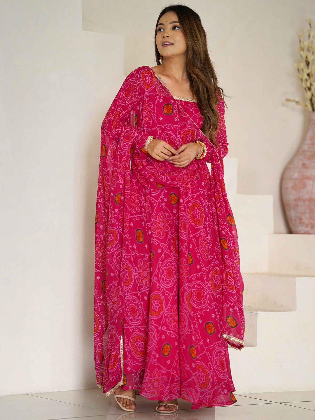 23-meter pure soft chiffon dupatta adorned with bandhej prints and lace accents