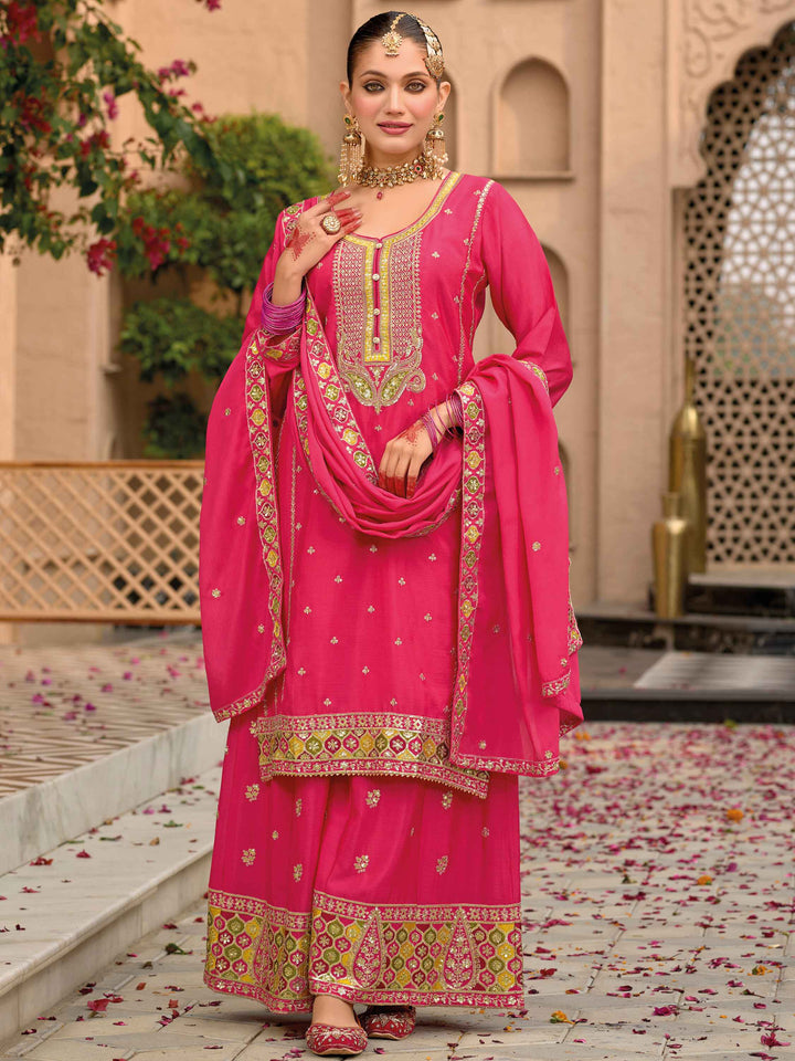 Shocking Pink Embroidered Chinon Eid Wear Palazzo Suit with intricate embroidery