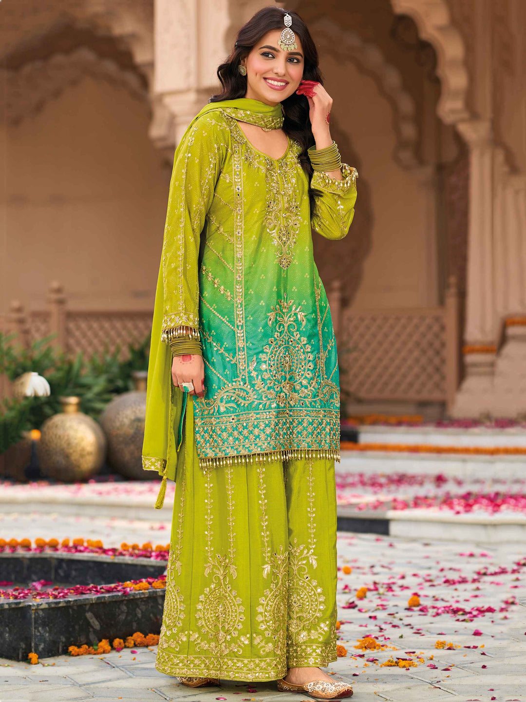 Ravishing Green Embroidered Chinon Event Wear Palazzo Suit with Intricate Embroidery