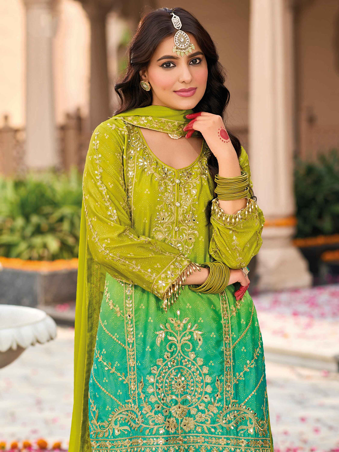 Ravishing Green Embroidered Chinon Event Wear Palazzo Suit with intricate detailing and elegant design