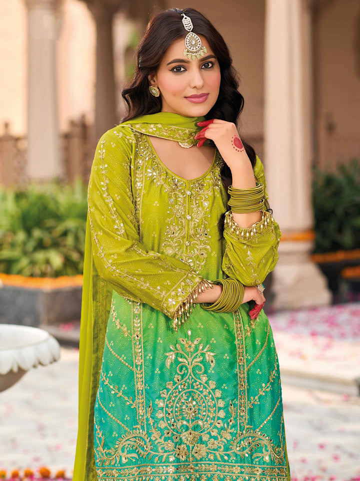 Ravishing Green Embroidered Chinon Event Wear Palazzo Suit with intricate detailing and elegant design