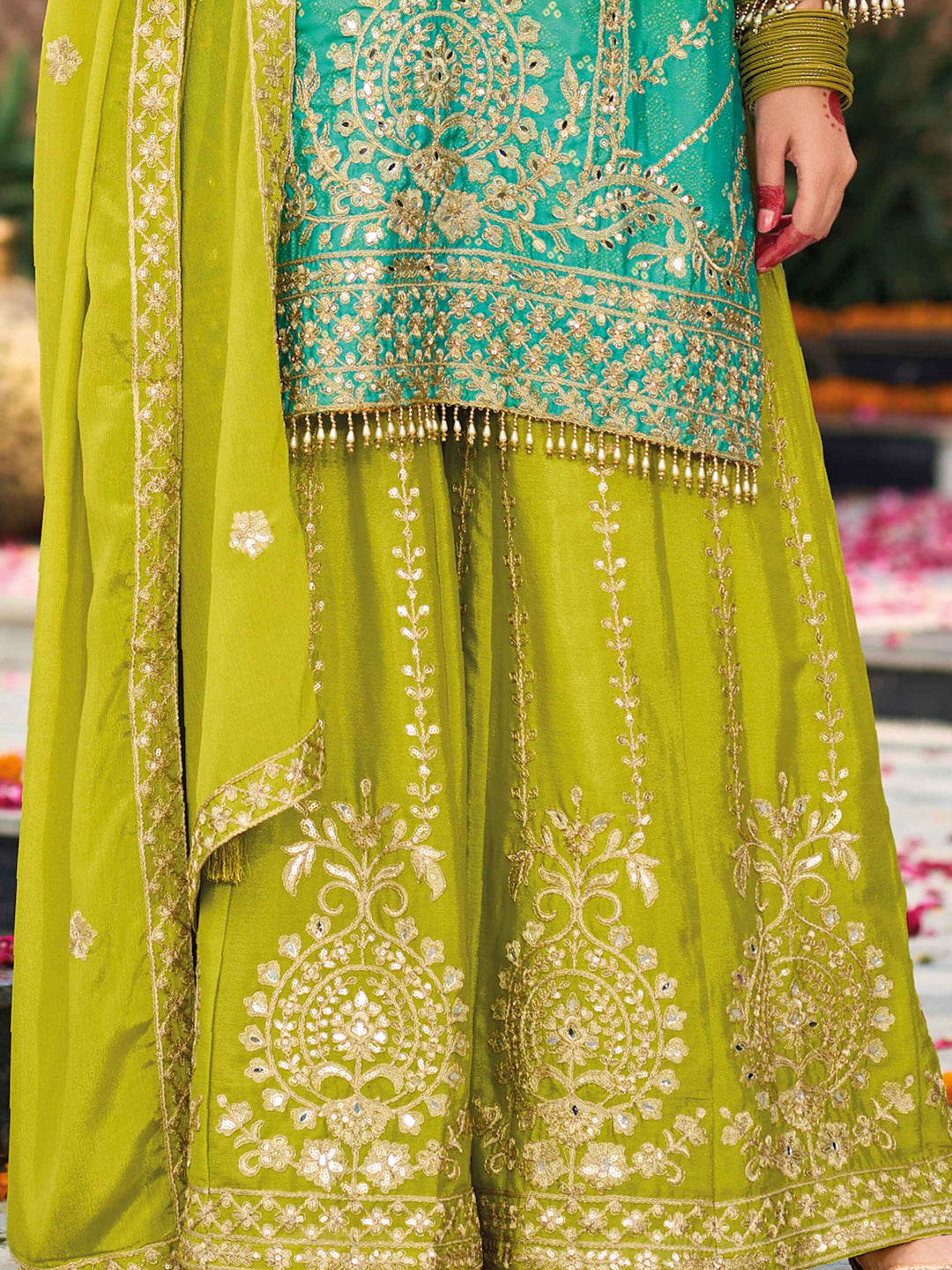 Ravishing Green Embroidered Chinon Event Wear Palazzo Suit for women