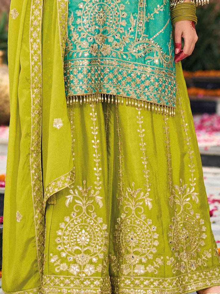Ravishing Green Embroidered Chinon Event Wear Palazzo Suit for women
