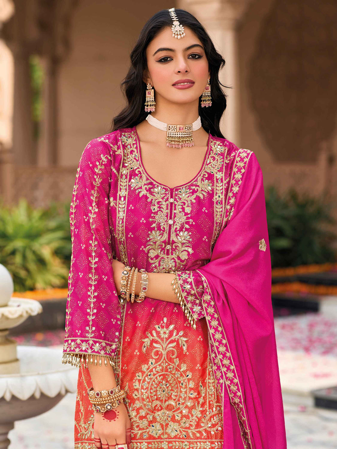 Pink palazzo crafted from heavy chinon adorned with exquisite details