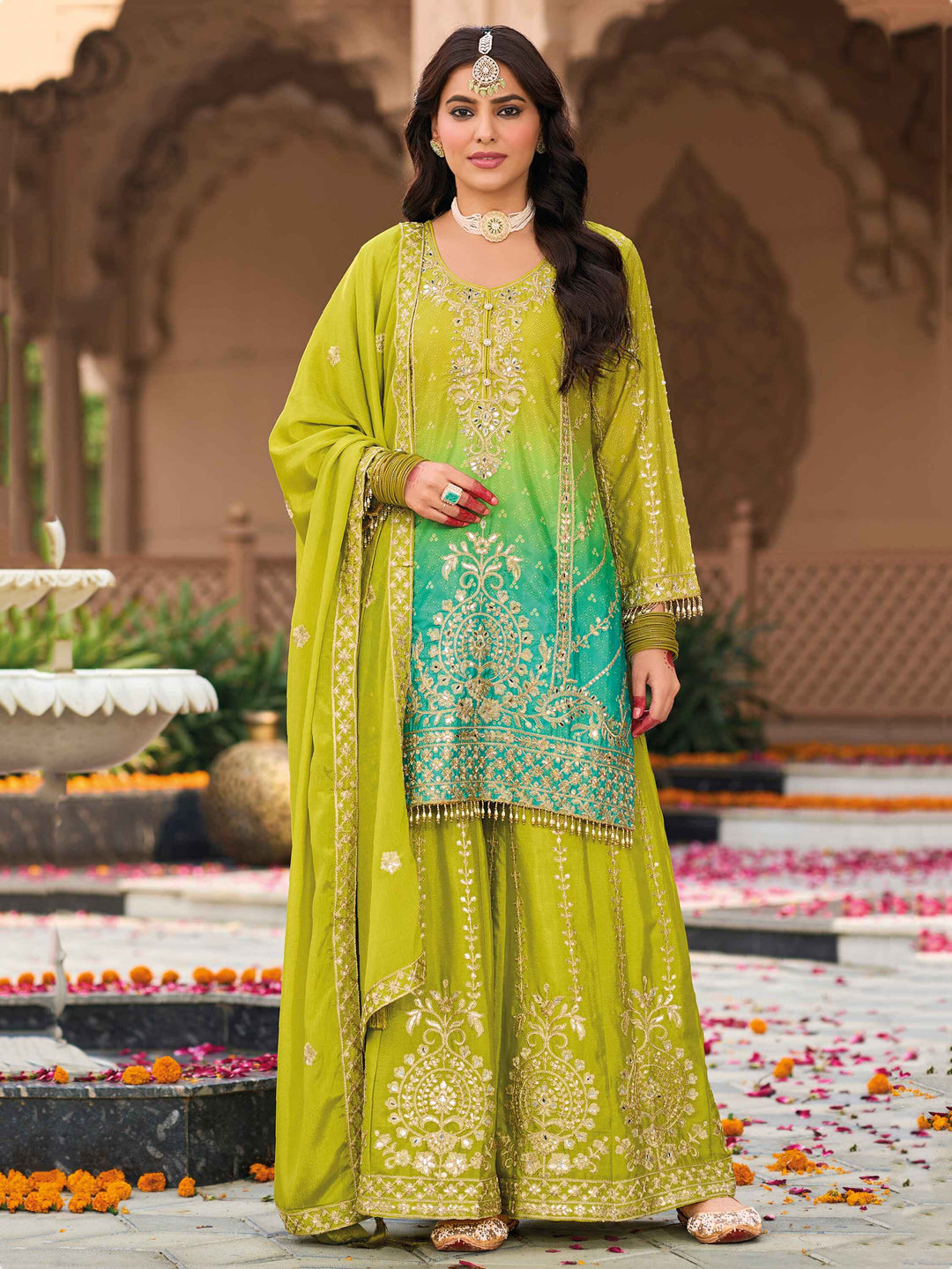 Ravishing Green Embroidered Chinon Event Wear Palazzo Suit with intricate floral detailing