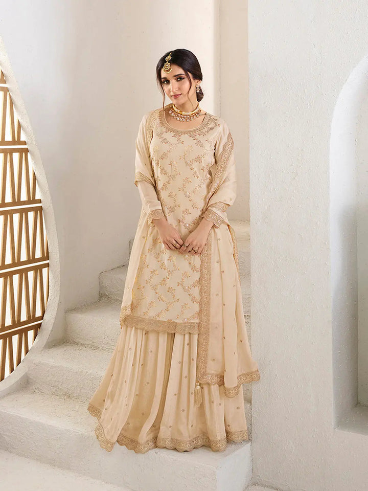 Off-white Jacquard Jaal work Sharara Suit Set - qivii