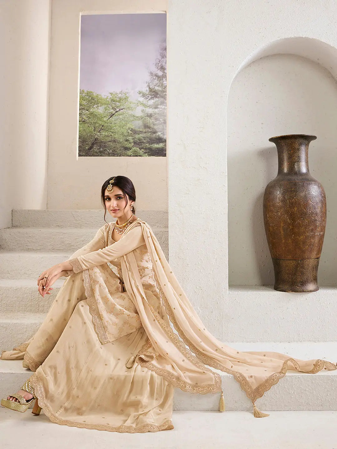 Off-white Jacquard Jaal work Sharara Suit Set - qivii