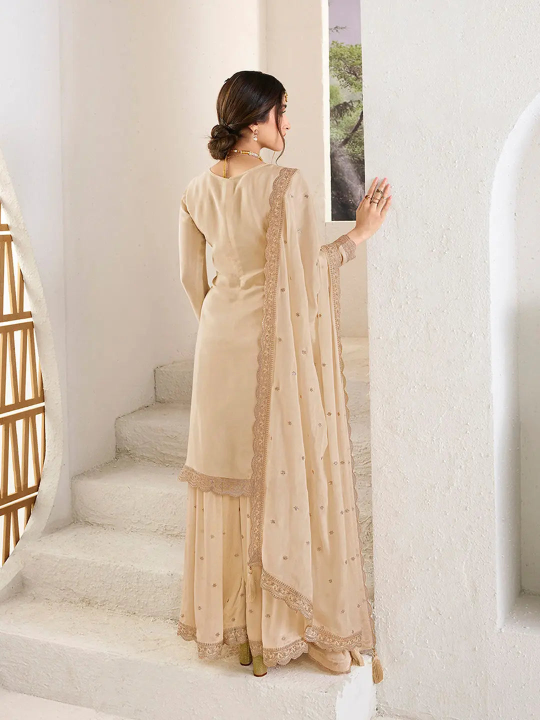 Off-white Jacquard Jaal work Sharara Suit Set - qivii