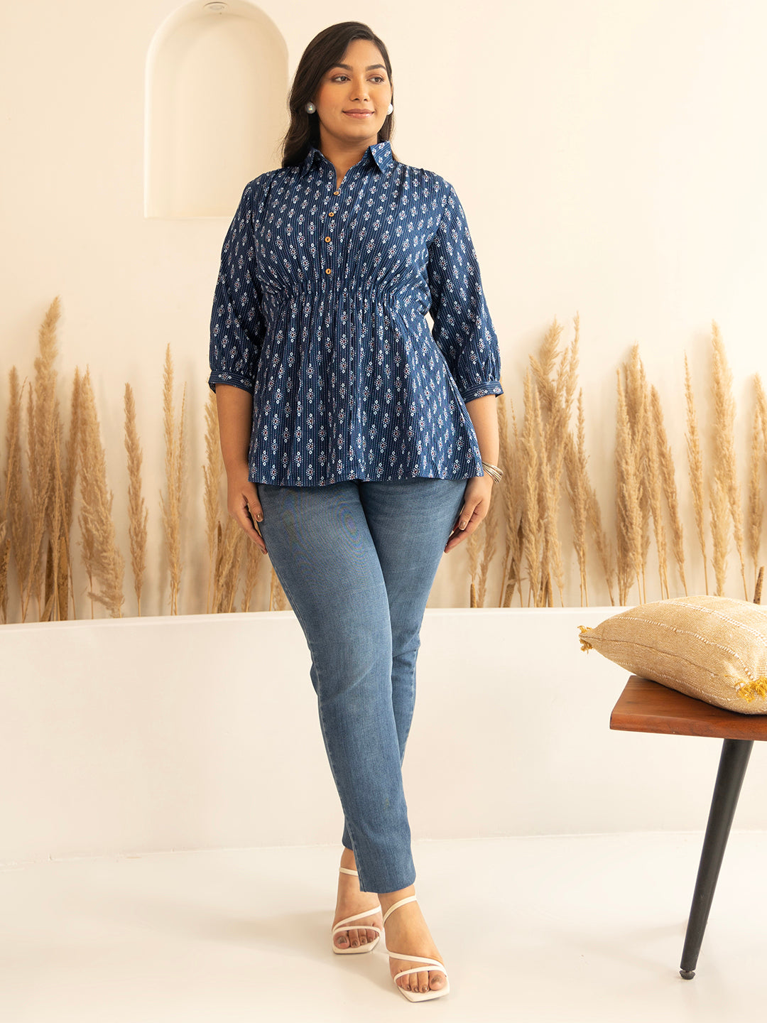 Plus Size Dark Blue Cotton Ethnic Motifs A-Line Top - qivii