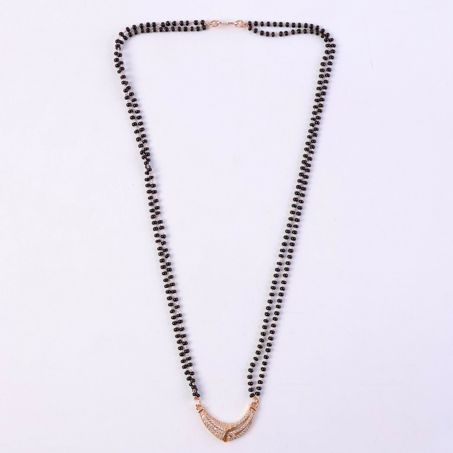 Rose Gold Finish Full CZ Crescent Moon Bar Double Strand Mangalsutra
