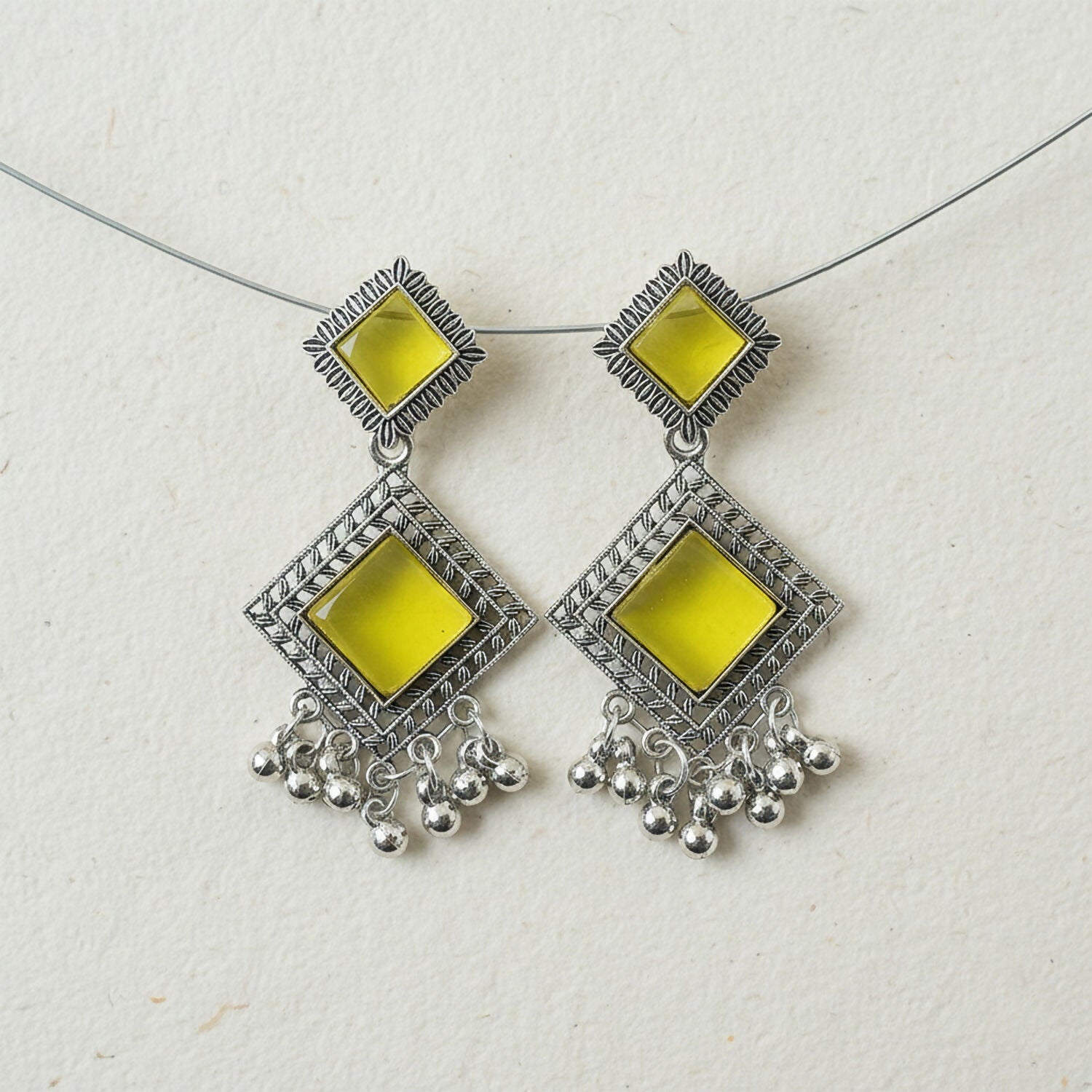 Traditional Indian Oxidised Dangler Earrings with Square Yellow Monalisa Stones