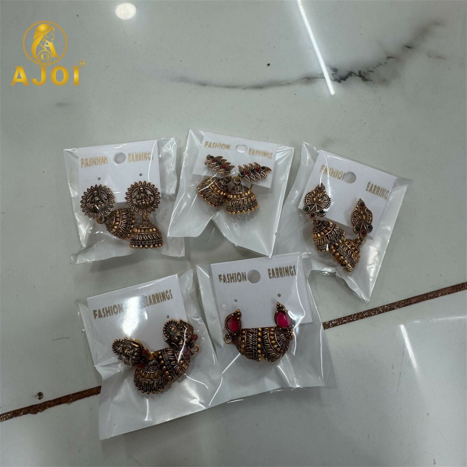 Traditional Antique Gold-Plated Temple Jhumka Earrings Combo Set for Women & Girls (Set of 5)