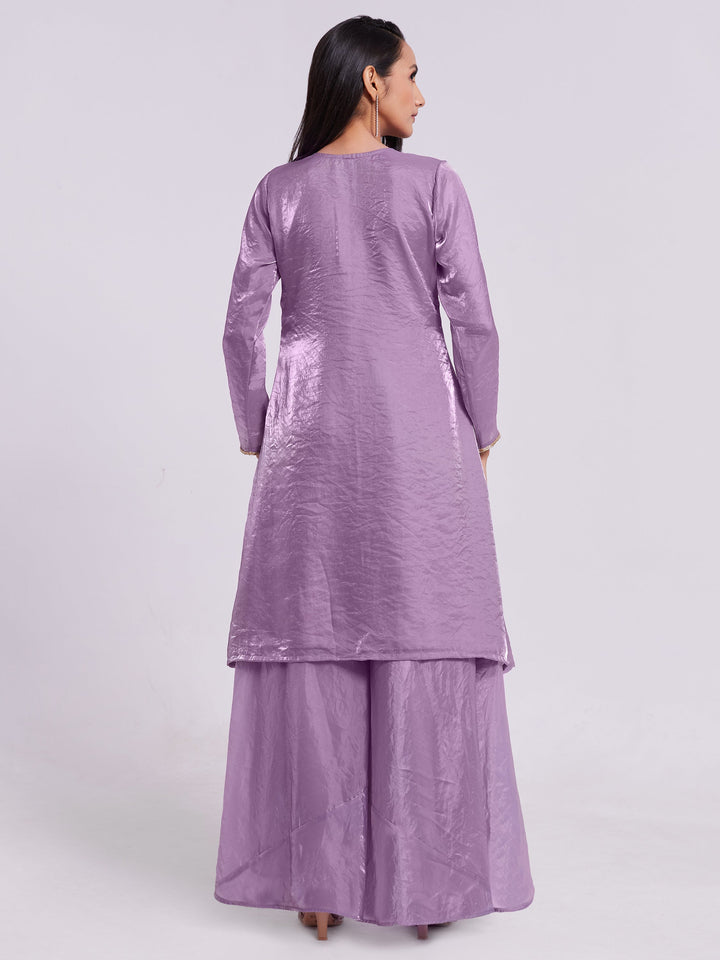 Trendy lilac organza designer kurta and palazzo set for weddings and gatherings
