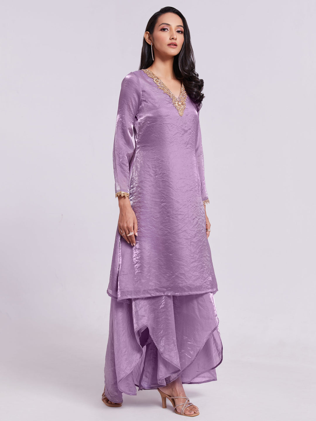 Flattering lilac organza kurta and palazzo set with lace borderwork