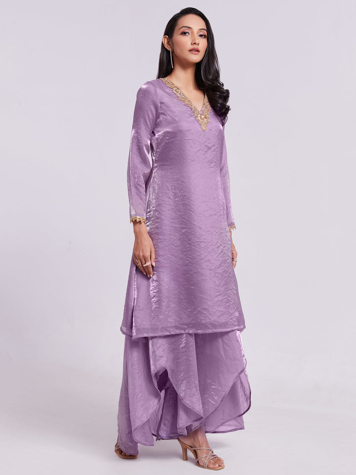Flattering lilac organza kurta and palazzo set with lace borderwork