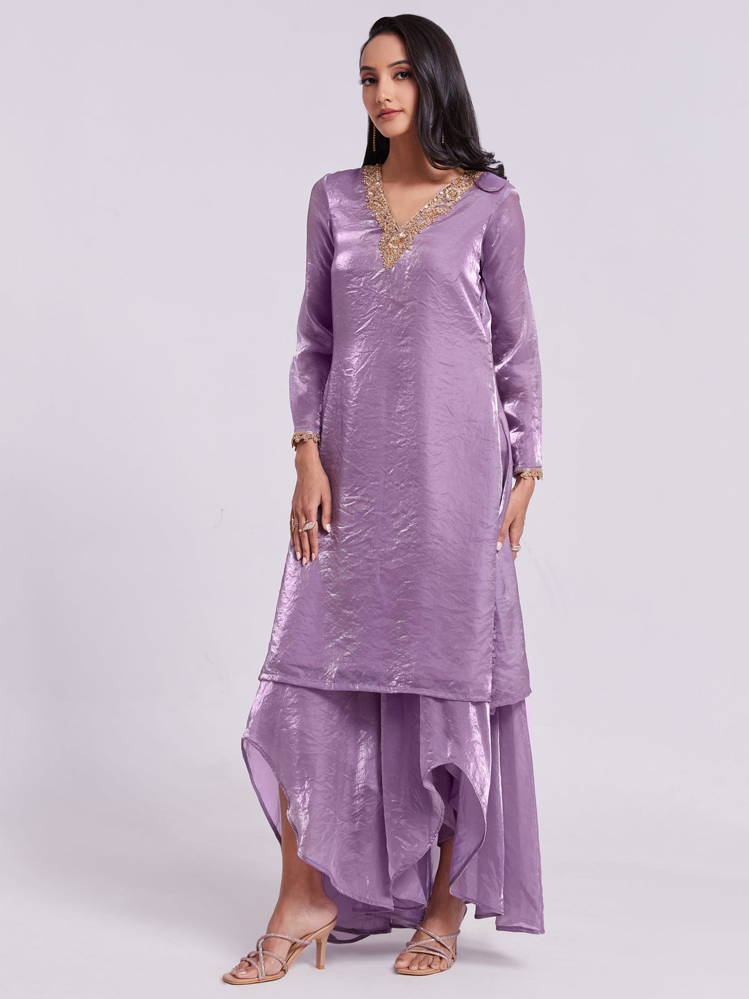 Fully stitched lilac organza kurta set with intricate lace details