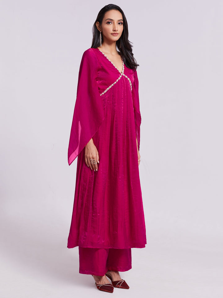 Fantastic Pink Lace Work Organza Party Wear Kurta With Palazzo for women