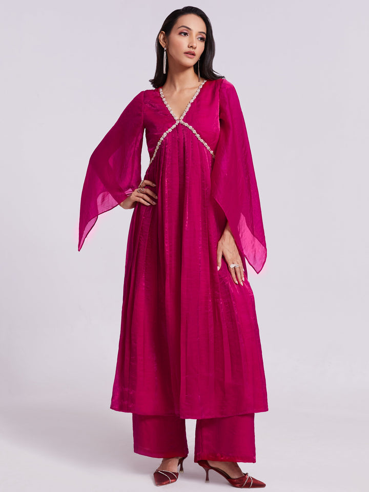 Fantastic Pink Lace Work Organza Party Wear Kurta With Palazzo - Stylish and elegant outfit for special occasions