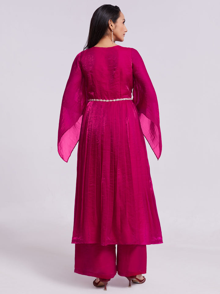 Fantastic Pink Lace Work Organza Party Wear Kurta With Palazzo for women