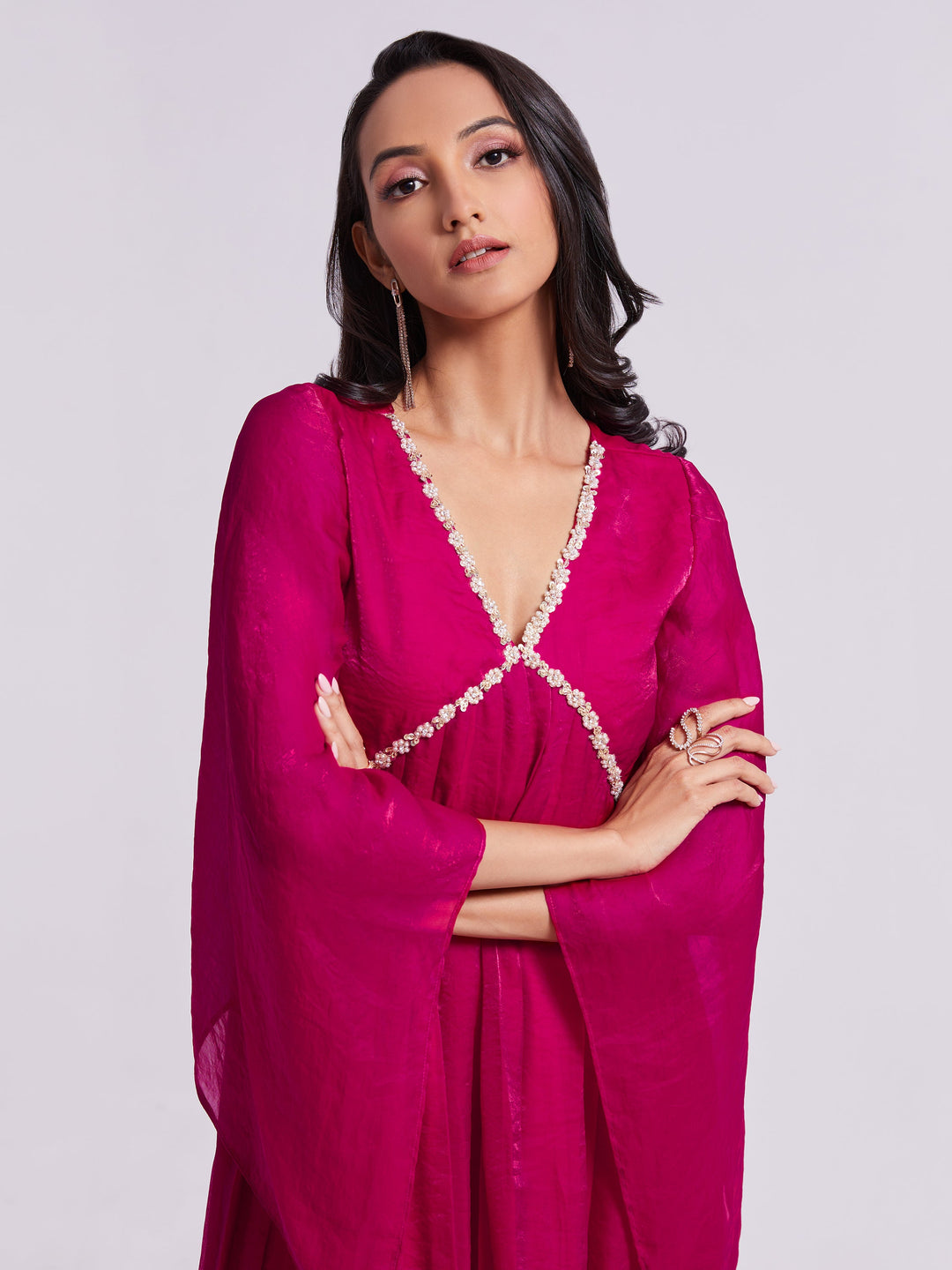 Fantastic Pink Lace Work Organza Party Wear Kurta With Palazzo - Elegant and stylish pink lace kurta with matching palazzo pants