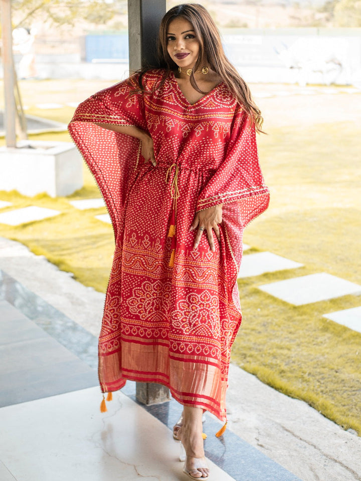 Red Color Digital Bandhej Print Pure Gaji Silk Kaftan - qivii