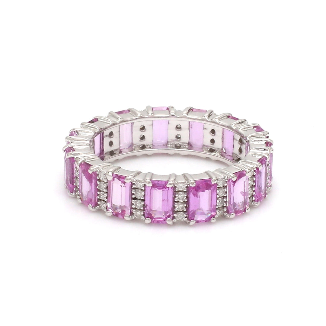 Pink Sapphire Emerald cut Diamond Eternity Band Ring - qivii