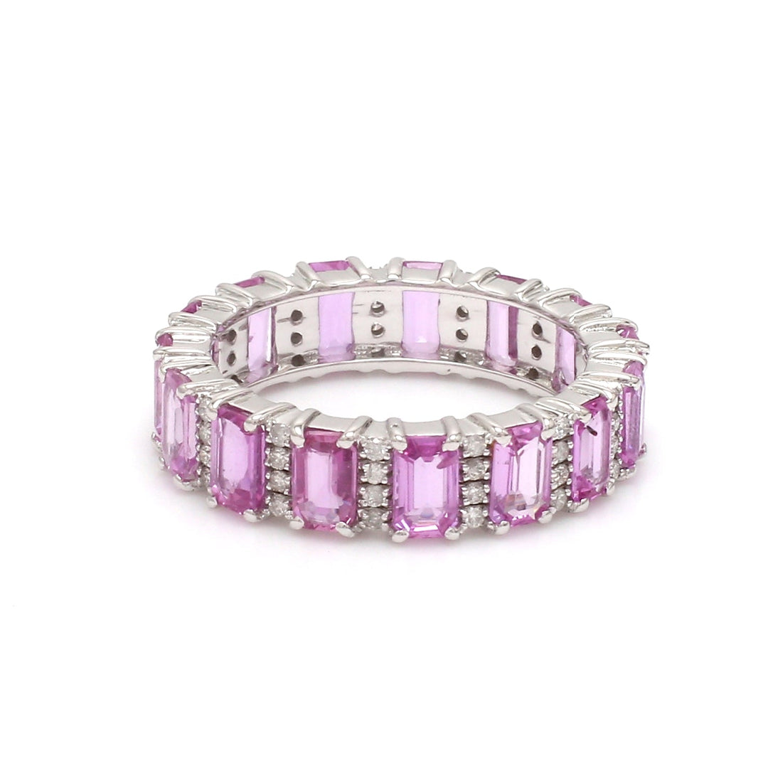 Pink Sapphire Emerald cut Diamond Eternity Band Ring - qivii