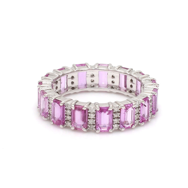 Pink Sapphire Emerald cut Diamond Eternity Band Ring - qivii