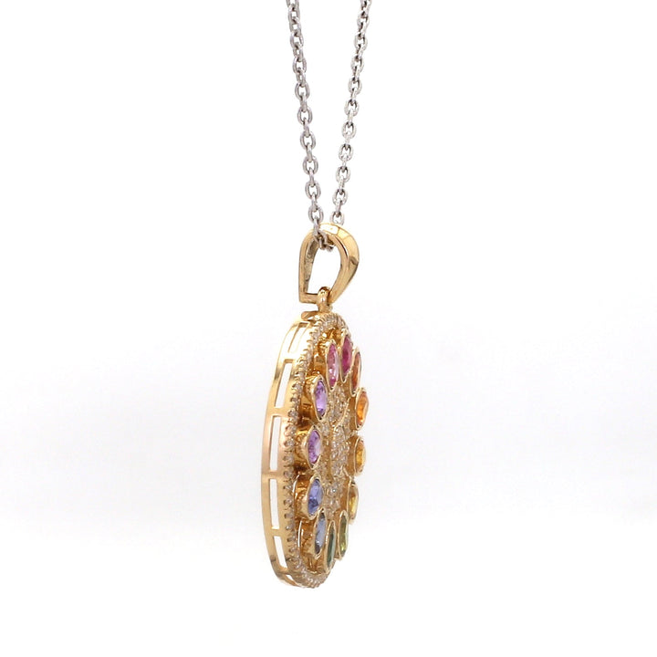 Rainbow Sapphire Oval and Diamond Disc Pendant - qivii