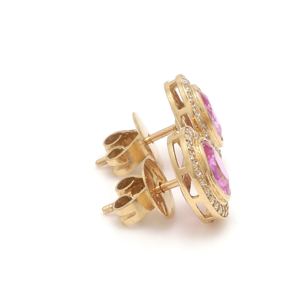 Pink Sapphire Bezel Set Oval Shape Diamond Studs - qivii