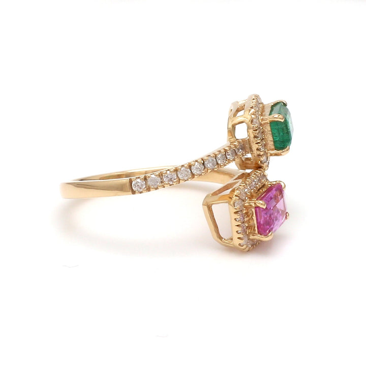 Emerald and Pink Sapphire Octagon Two Stone Ring - qivii