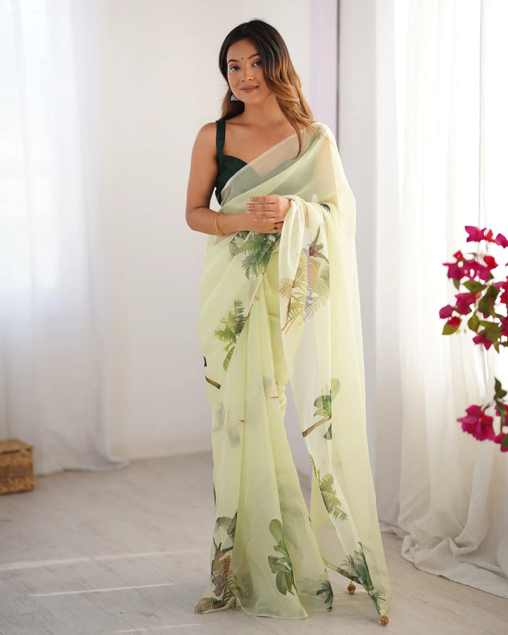 Pastel Green Digital Printed Organza Saree - qivii