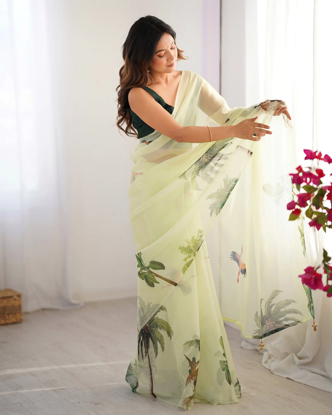 Pastel Green Digital Printed Organza Saree - qivii