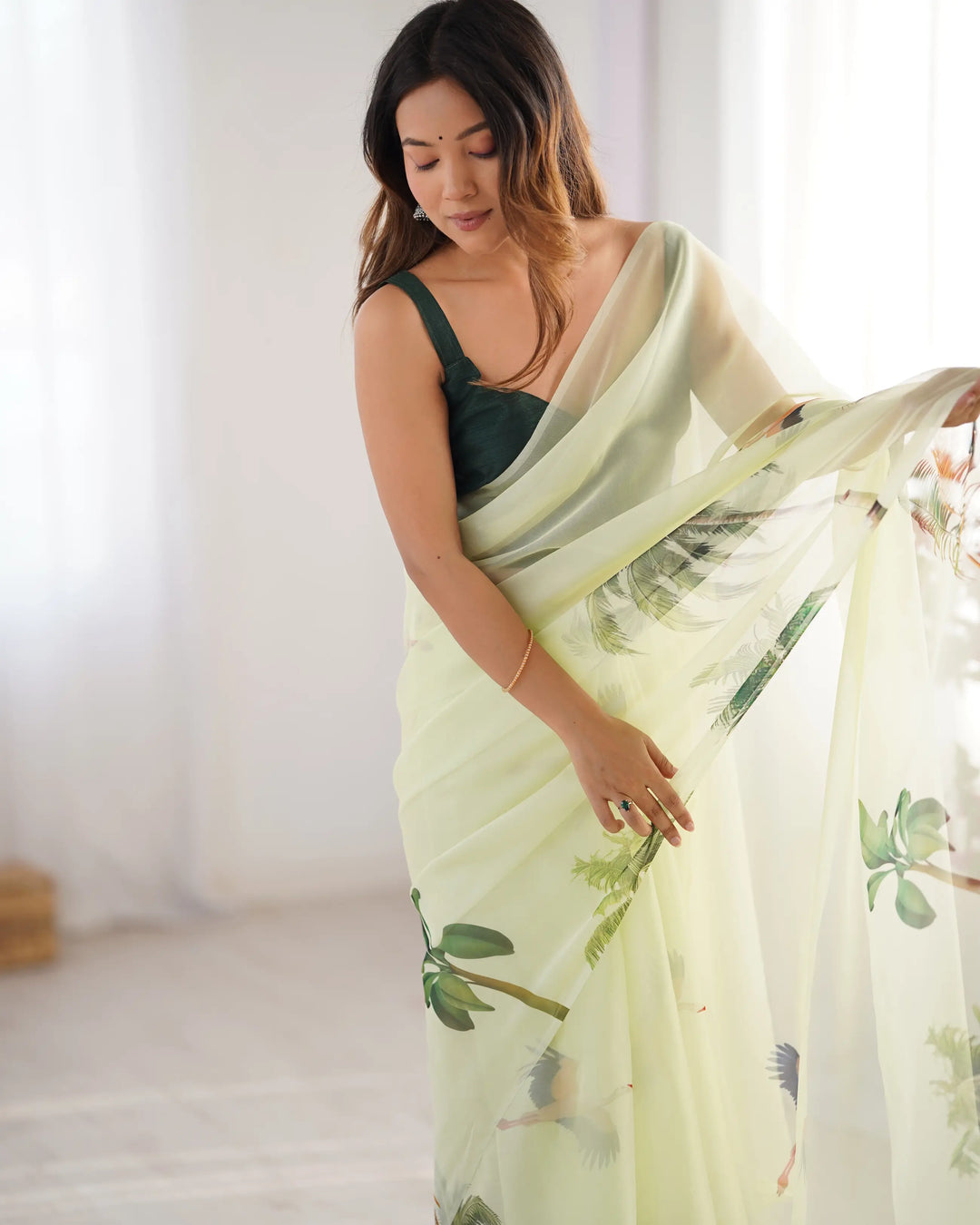 Pastel Green Digital Printed Organza Saree - qivii