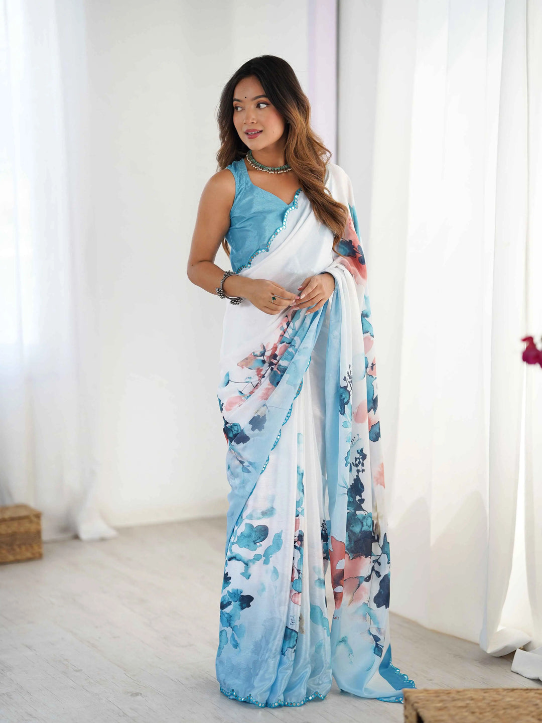 Cloudy Blue Digital Floral Print With Mirror Cut Work Saree - qivii