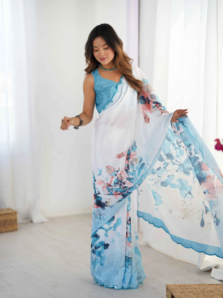 Cloudy Blue Digital Floral Print With Mirror Cut Work Saree - qivii