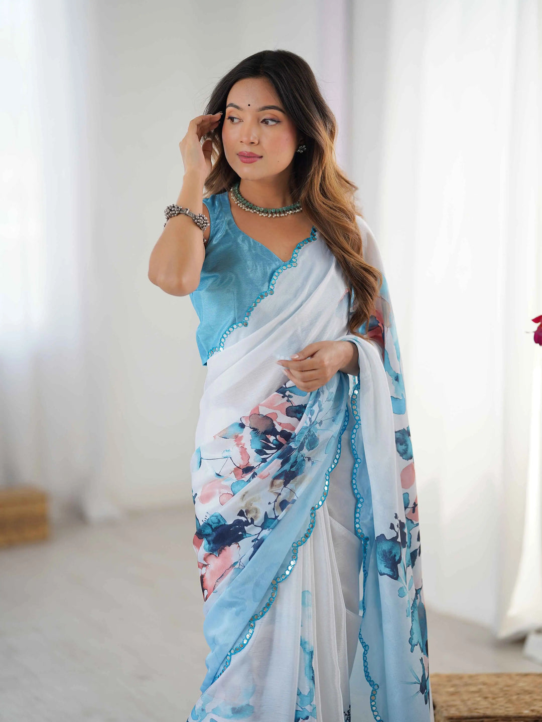 Cloudy Blue Digital Floral Print With Mirror Cut Work Saree - qivii