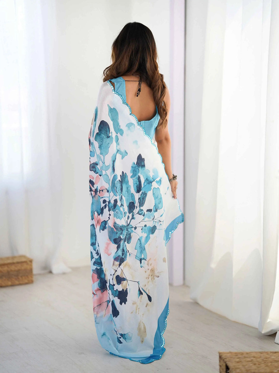 Cloudy Blue Digital Floral Print With Mirror Cut Work Saree - qivii