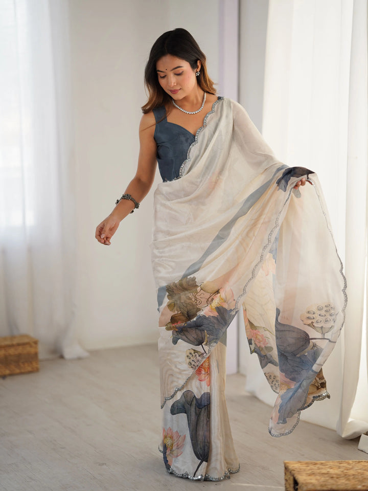 Soft Amber Beige Digital Floral Print With Mirror Cut Work Saree - qivii