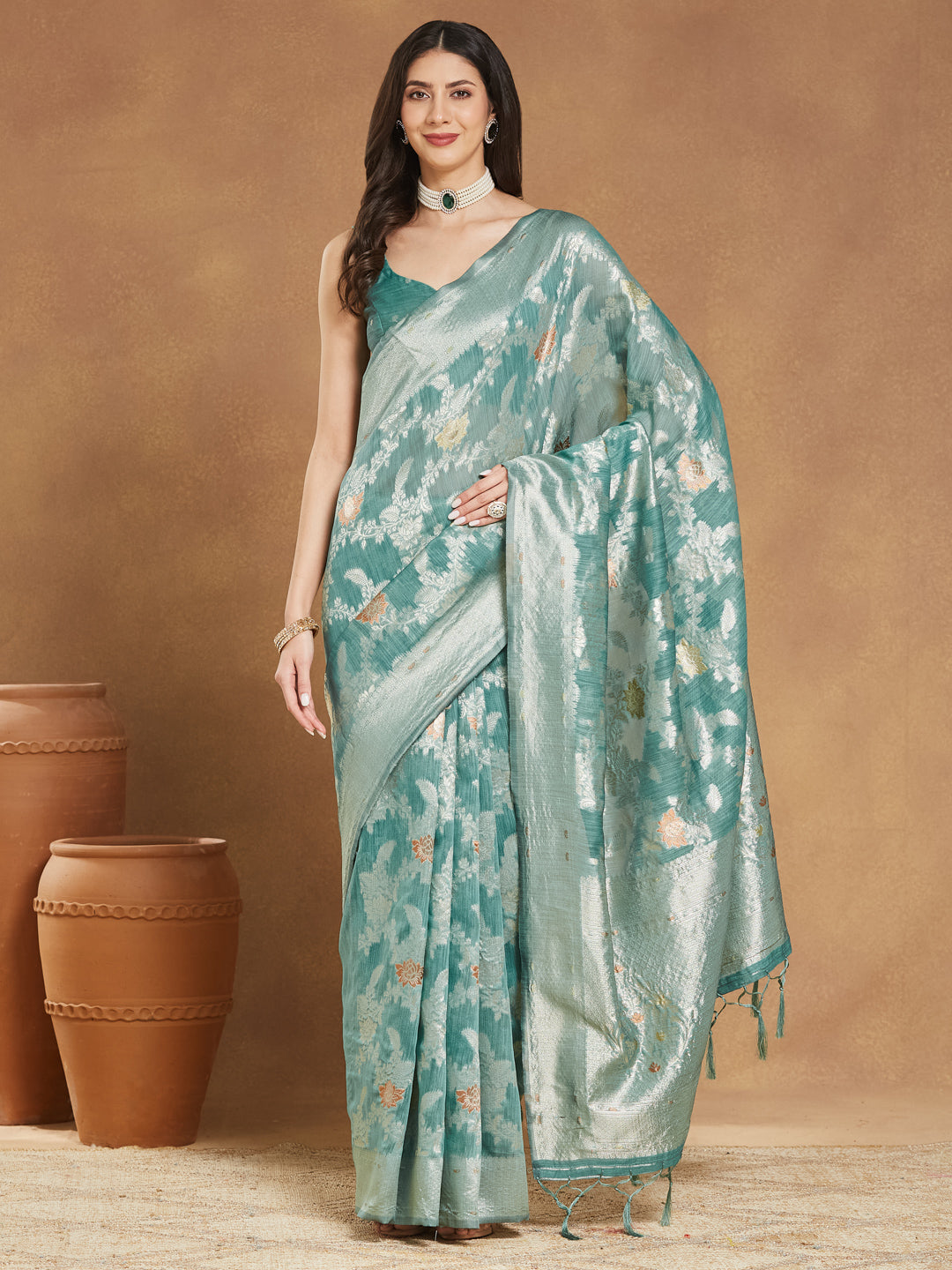 Janasya Women's Sea Green Linen Blend Floral Woven Design Jacquard Saree with Blouse Piece