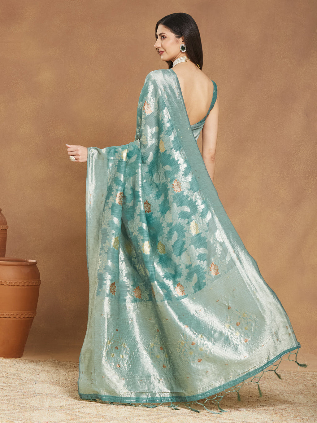 Janasya Women's Sea Green Linen Blend Floral Woven Design Jacquard Saree with Blouse Piece