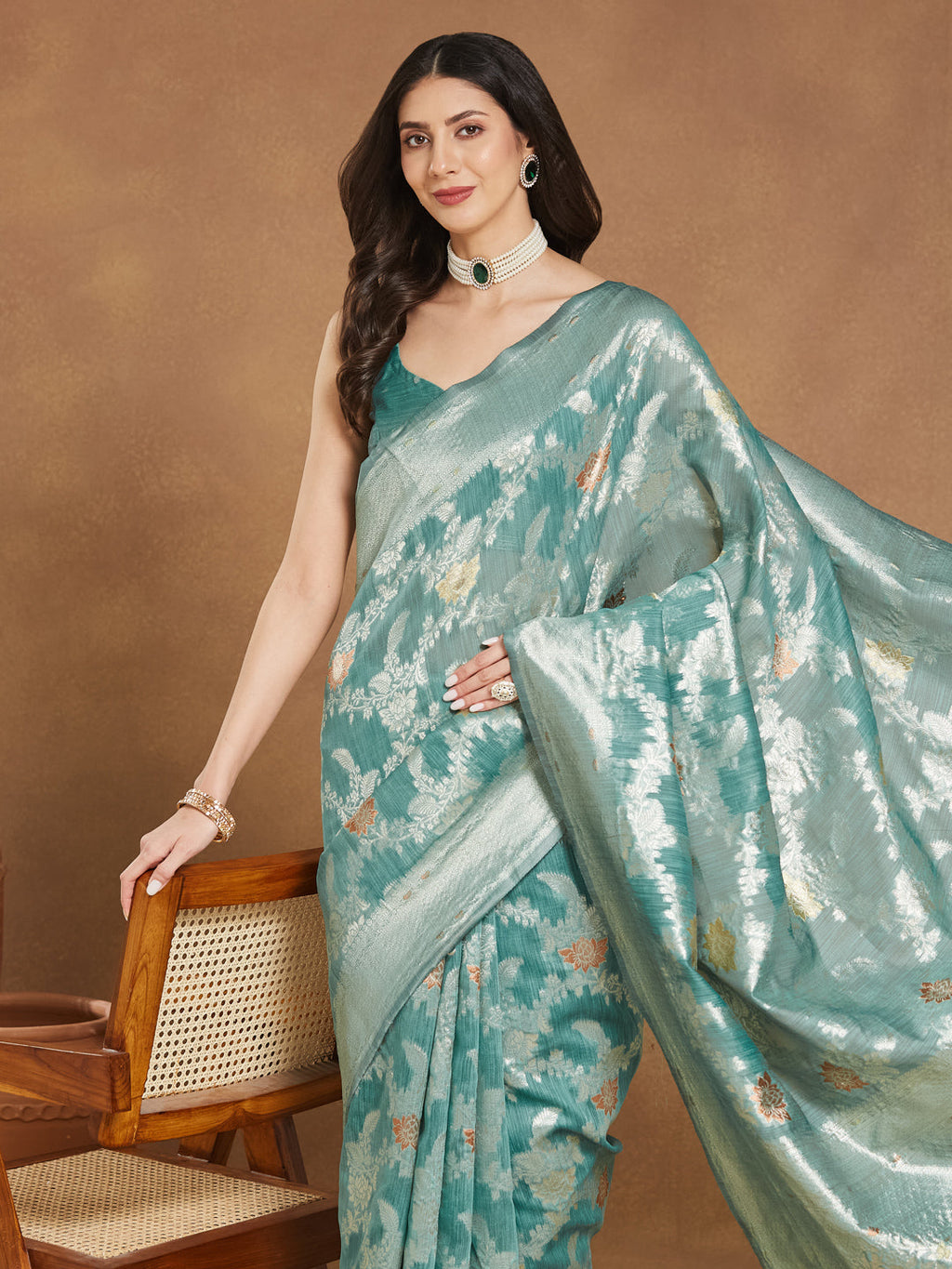 Janasya Women's Sea Green Linen Blend Floral Woven Design Jacquard Saree with Blouse Piece